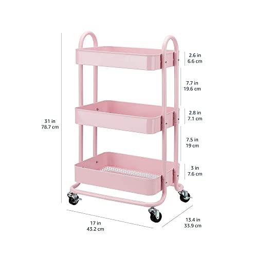 Amazon Basics 3-Tier Rolling Utility or Kitchen Cart, Lockable Wheels, Multifunctional Storage, White