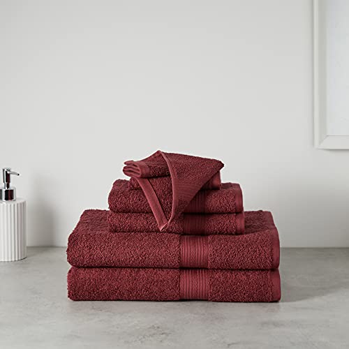 Amazon Basics Soft Bath Towels set , Absorbent Fade Resistant 100% Cotton washcloths 6 Pieces (12" x 12"), Perfect face towels, fingertip towels, Crimson
