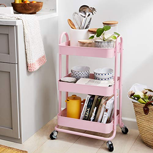 Amazon Basics 3-Tier Rolling Utility or Kitchen Cart, Lockable Wheels, Multifunctional Storage, White