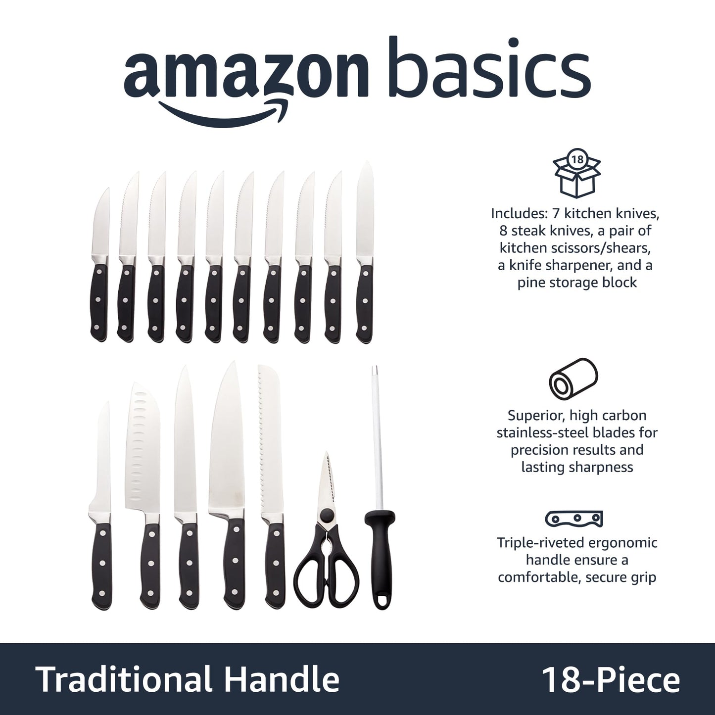 Amazon Basics 9 Pieces Premium High-Carbon Stainless-Steel Blades with Pine Wood Knife Block Set, Kitchen, Black