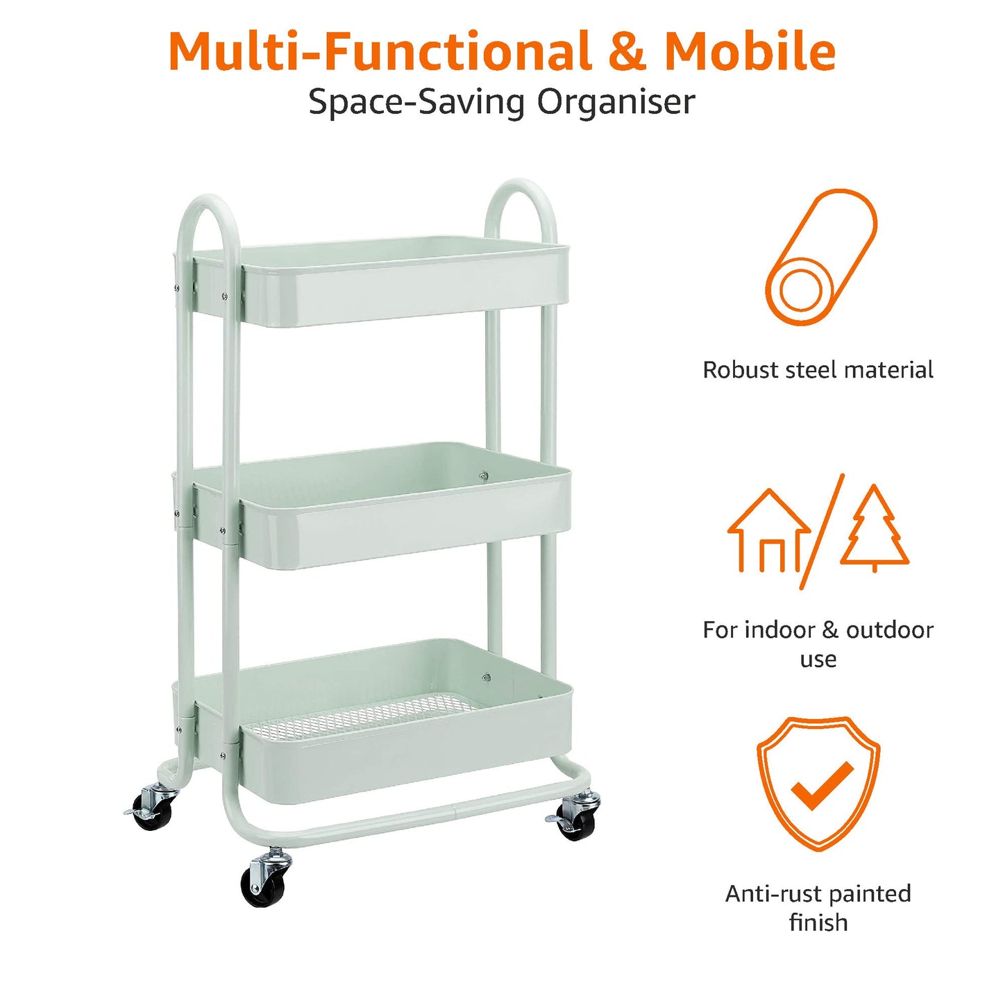 Amazon Basics 3-Tier Rolling Utility or Kitchen Cart, Lockable Wheels, Multifunctional Storage, White