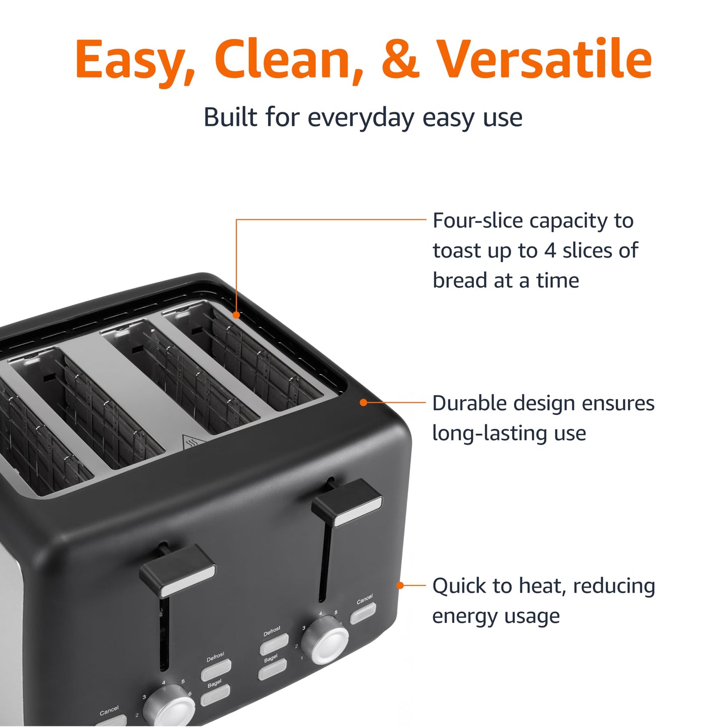 Amazon Basics 2 Slice Toaster, With 6 Browning Settings, Extra Wide Slots For Bagels and Special Breads, Removable Easy-to-Clean Crumb Tray, Cancel/Defrost/Bagel Buttons, 900W, Black & Silver