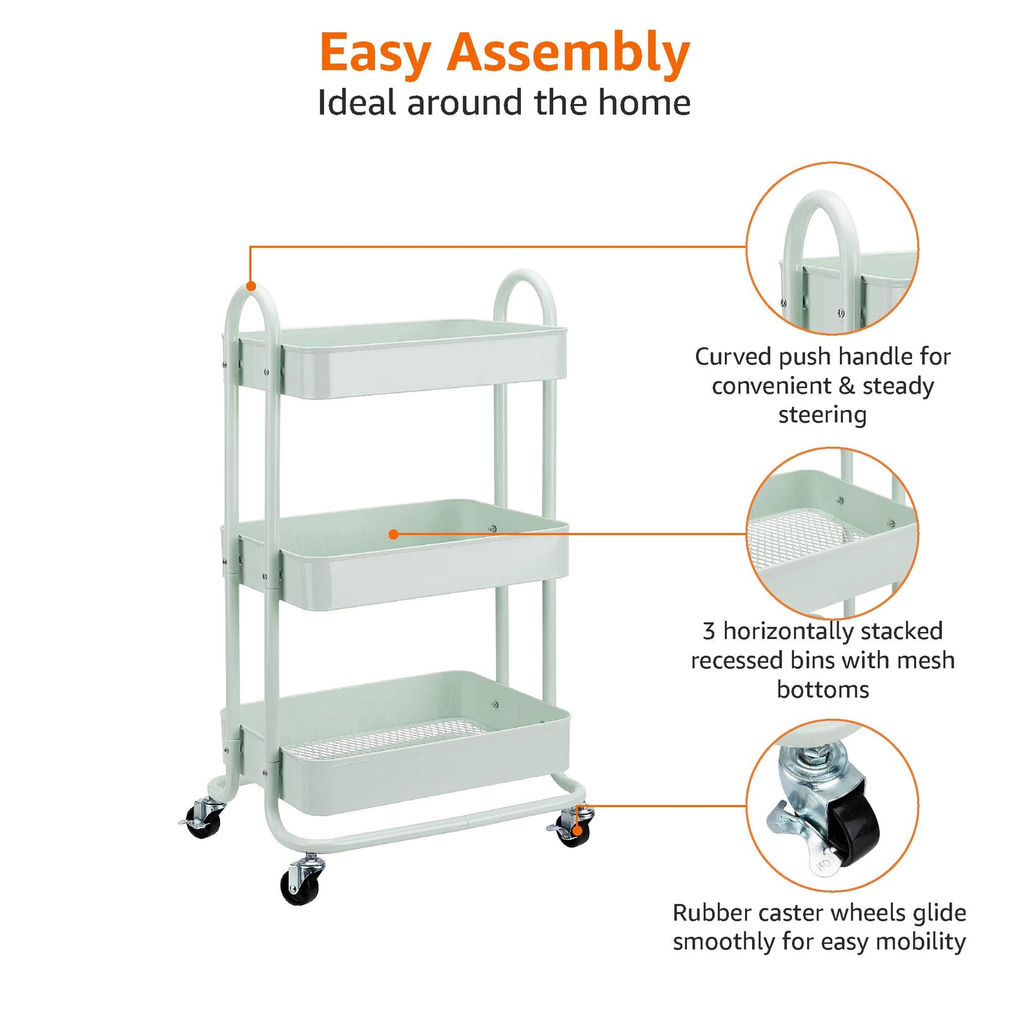 Amazon Basics 3-Tier Rolling Utility or Kitchen Cart, Lockable Wheels, Multifunctional Storage, White