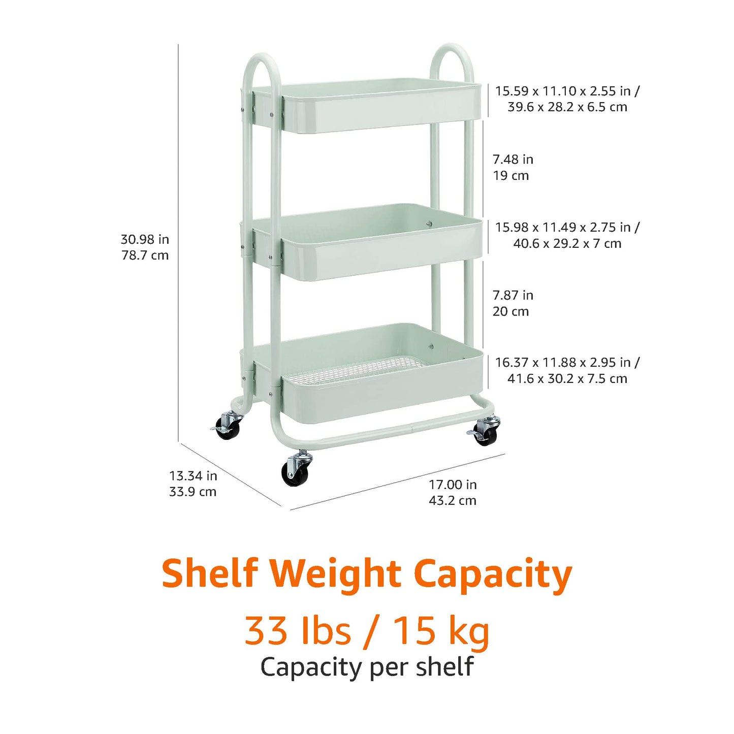 Amazon Basics 3-Tier Rolling Utility or Kitchen Cart, Lockable Wheels, Multifunctional Storage, White