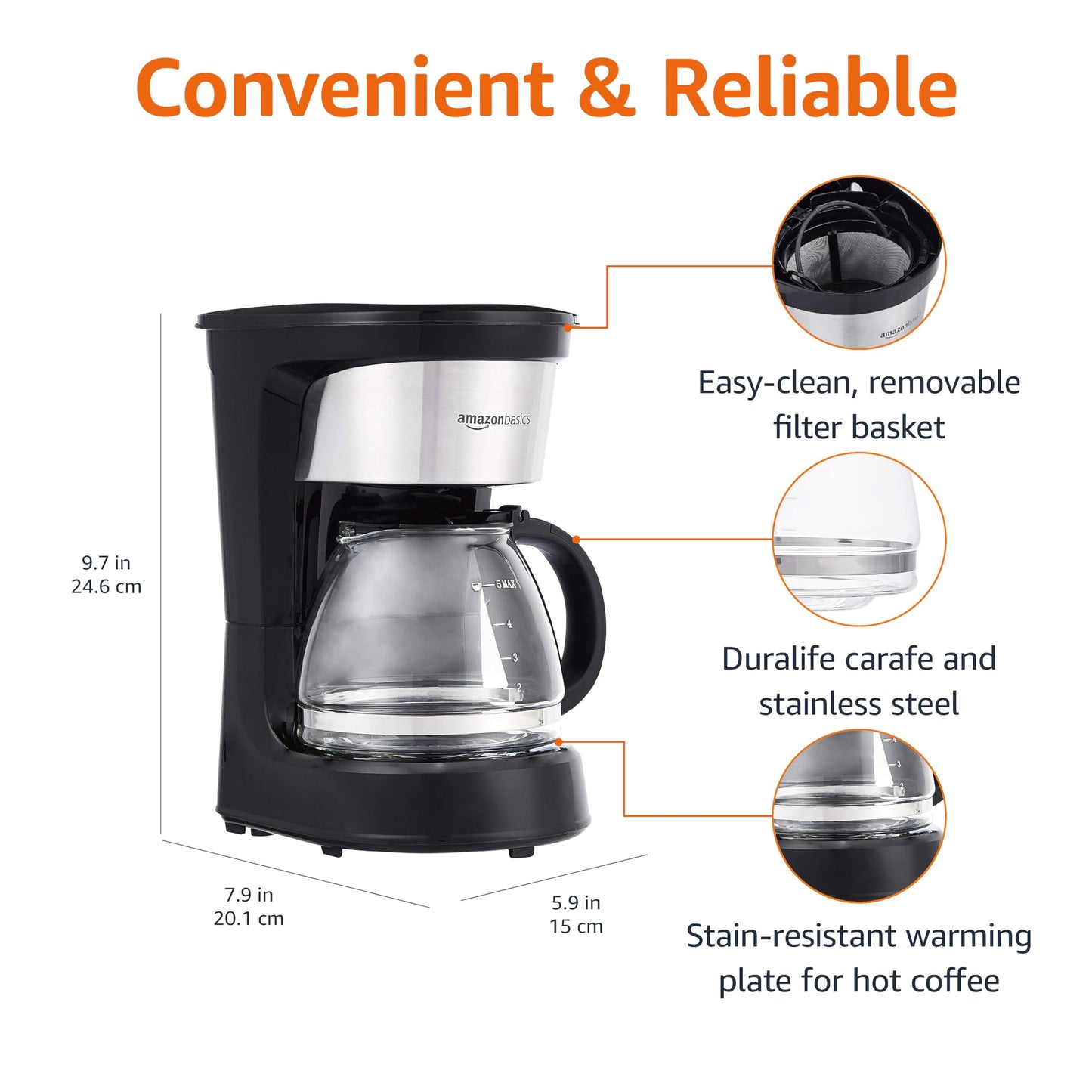 Amazon Basics 12 Cup Drip Coffee Maker, Coffee Machine with Glass Coffee Pot (1.9 Qt), Auto Shut-off, Auto Pause, Removable Filter Basket, Black & Silver