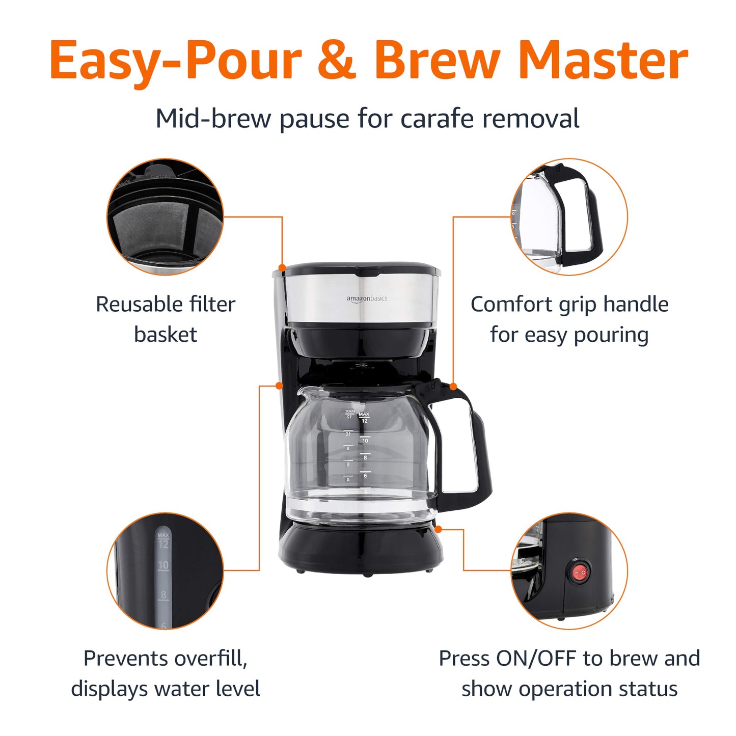 Amazon Basics 12 Cup Drip Coffee Maker, Coffee Machine with Glass Coffee Pot (1.9 Qt), Auto Shut-off, Auto Pause, Removable Filter Basket, Black & Silver